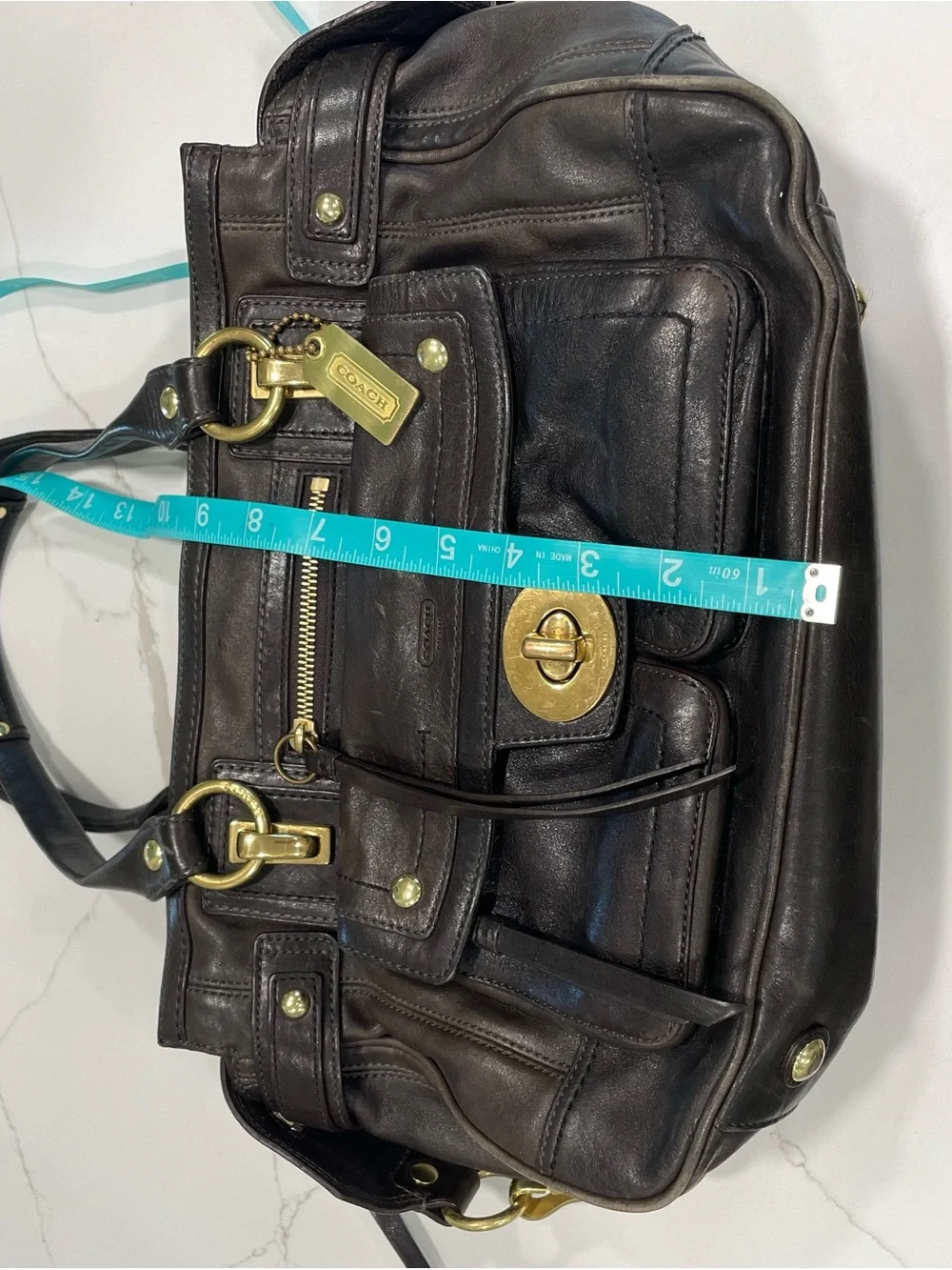 Coach Black Leather Handbag with Purple Lining
